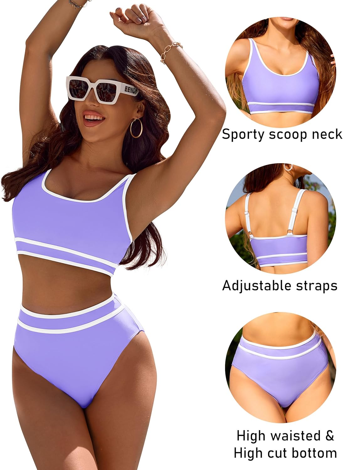 Emoswims - Women's High Waisted Bikini Sets Sporty Two Piece Swimsuits Color Block Cheeky High Cut Bathing Suits