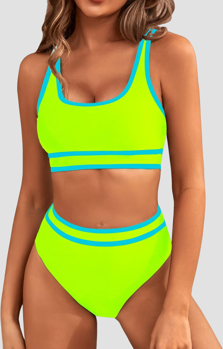 Emoswims - Women's High Waisted Bikini Sets Sporty Two Piece Swimsuits Color Block Cheeky High Cut Bathing Suits