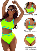 Emoswims - Women's High Waisted Bikini Sets Sporty Two Piece Swimsuits Color Block Cheeky High Cut Bathing Suits