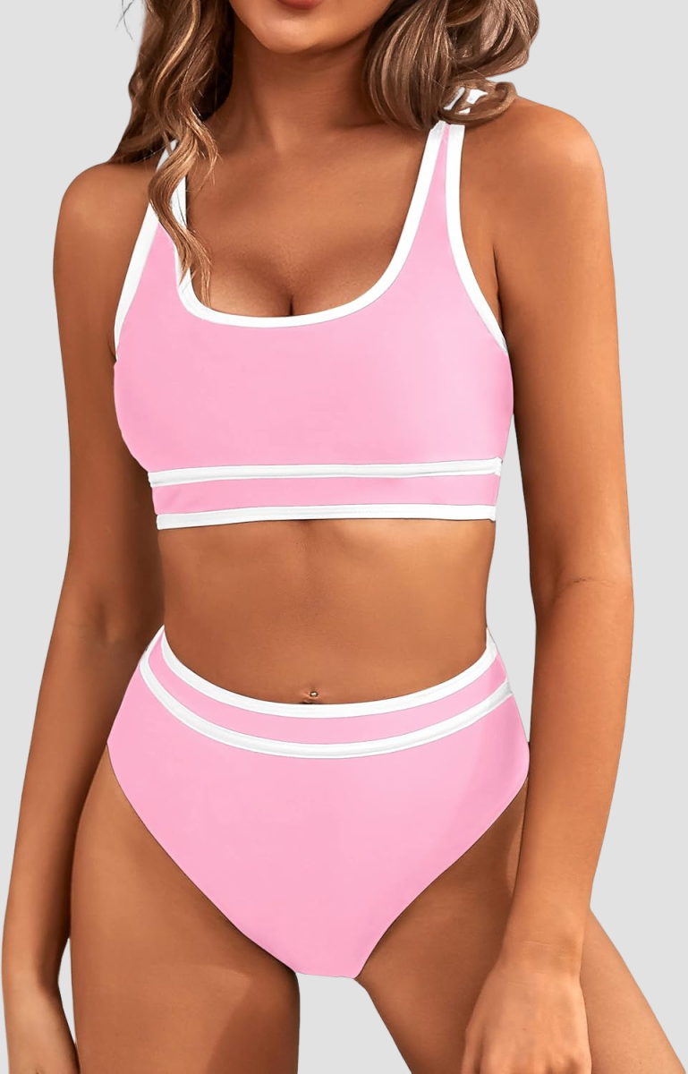 Emoswims - Women's High Waisted Bikini Sets Sporty Two Piece Swimsuits Color Block Cheeky High Cut Bathing Suits