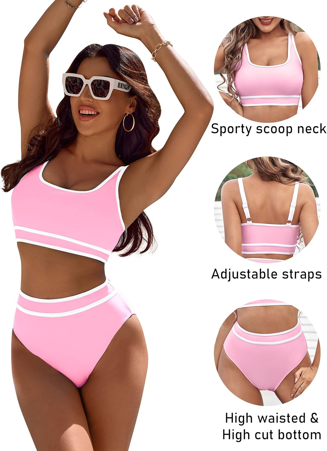 Emoswims - Women's High Waisted Bikini Sets Sporty Two Piece Swimsuits Color Block Cheeky High Cut Bathing Suits