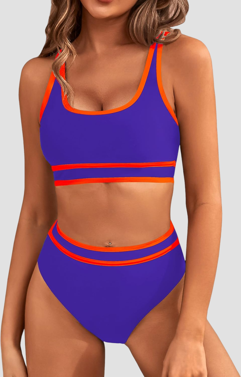 Emoswims - Women's High Waisted Bikini Sets Sporty Two Piece Swimsuits Color Block Cheeky High Cut Bathing Suits