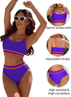 Emoswims - Women's High Waisted Bikini Sets Sporty Two Piece Swimsuits Color Block Cheeky High Cut Bathing Suits