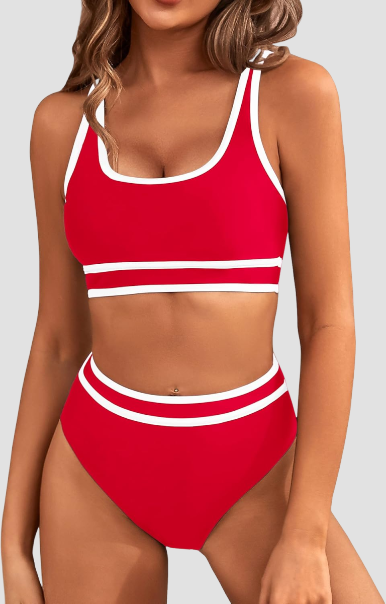 Emoswims - Women's High Waisted Bikini Sets Sporty Two Piece Swimsuits Color Block Cheeky High Cut Bathing Suits