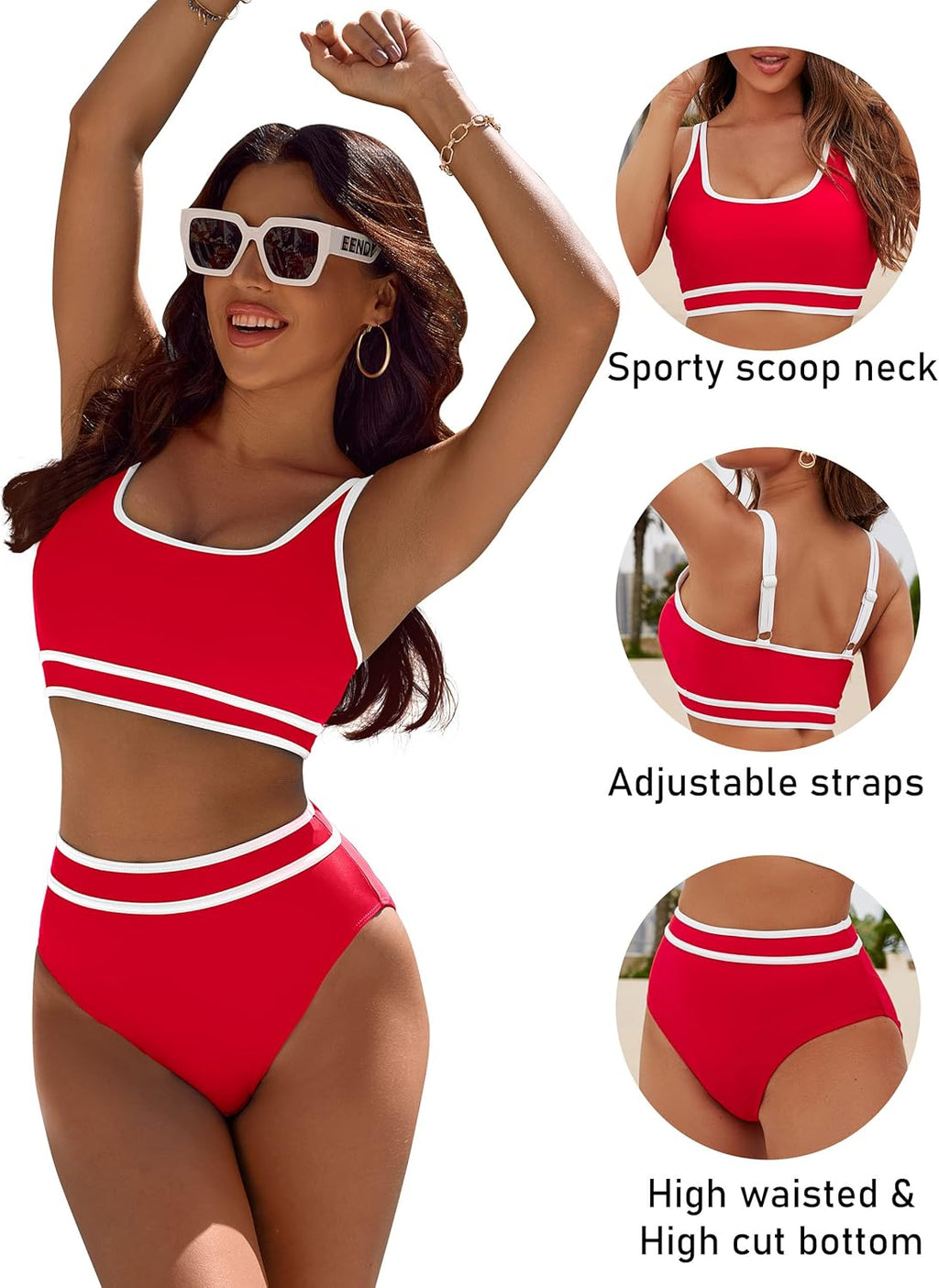 Emoswims - Women's High Waisted Bikini Sets Sporty Two Piece Swimsuits Color Block Cheeky High Cut Bathing Suits