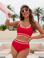 Emoswims - Women's High Waisted Bikini Sets Sporty Two Piece Swimsuits Color Block Cheeky High Cut Bathing Suits