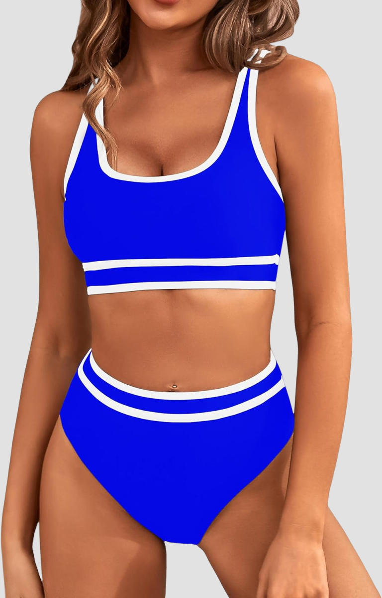 Emoswims - Women's High Waisted Bikini Sets Sporty Two Piece Swimsuits Color Block Cheeky High Cut Bathing Suits