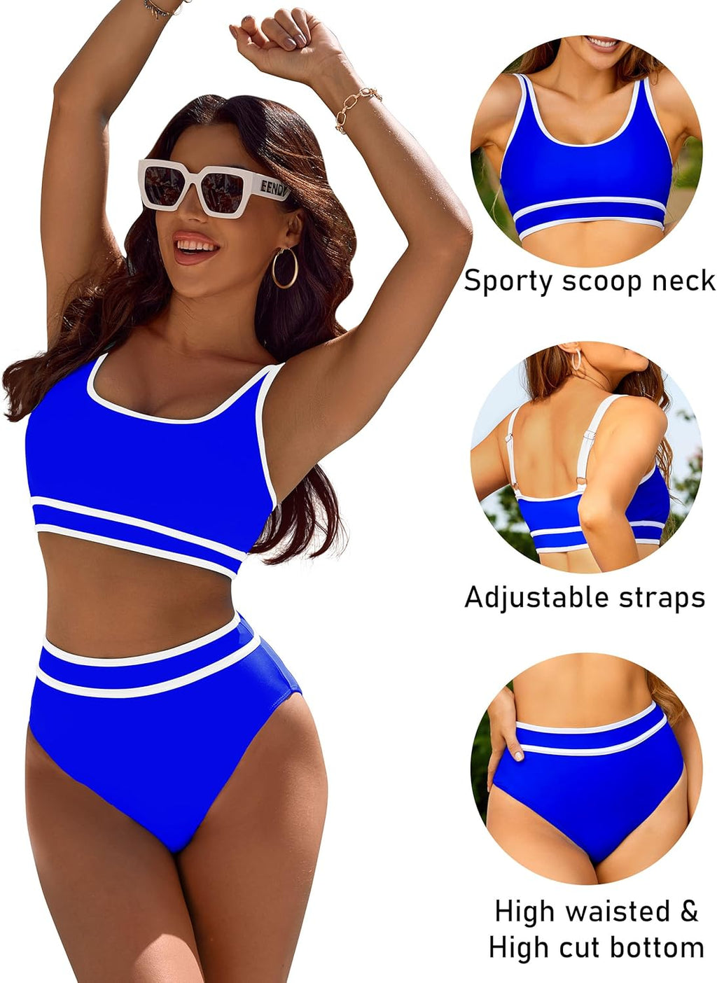 Emoswims - Women's High Waisted Bikini Sets Sporty Two Piece Swimsuits Color Block Cheeky High Cut Bathing Suits