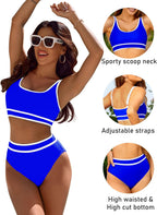 Emoswims - Women's High Waisted Bikini Sets Sporty Two Piece Swimsuits Color Block Cheeky High Cut Bathing Suits