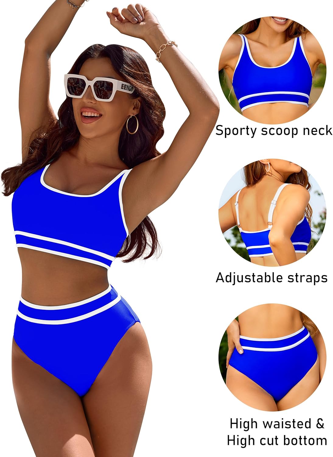 Emoswims - Women's High Waisted Bikini Sets Sporty Two Piece Swimsuits Color Block Cheeky High Cut Bathing Suits