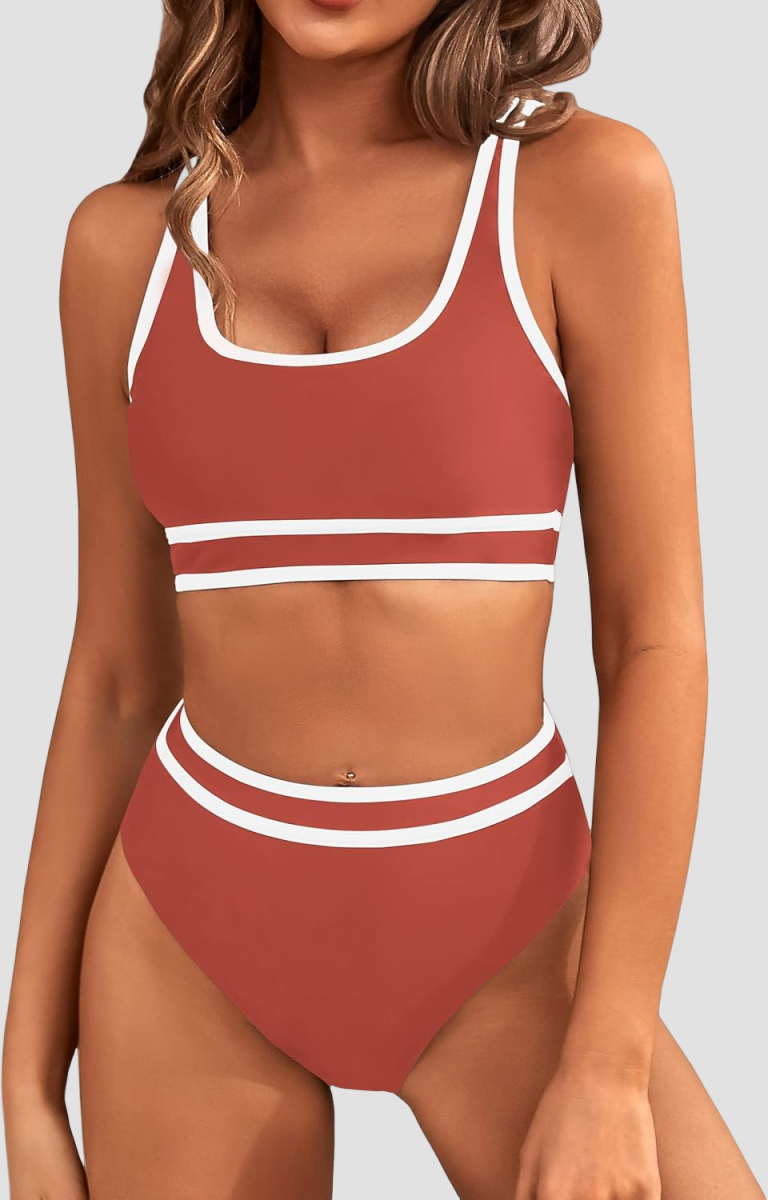 Emoswims - Women's High Waisted Bikini Sets Sporty Two Piece Swimsuits Color Block Cheeky High Cut Bathing Suits