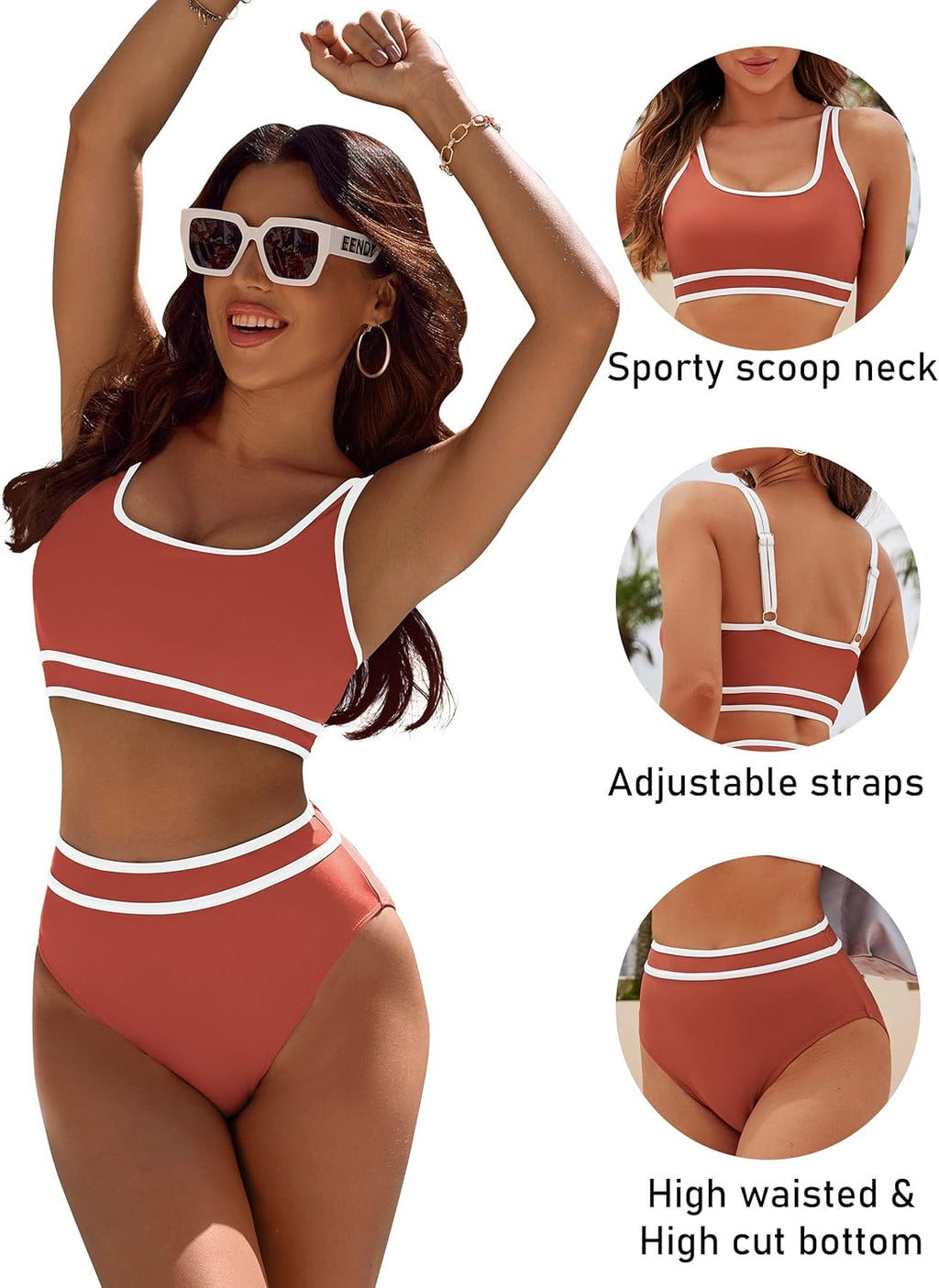 Emoswims - Women's High Waisted Bikini Sets Sporty Two Piece Swimsuits Color Block Cheeky High Cut Bathing Suits
