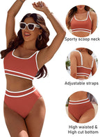 Emoswims - Women's High Waisted Bikini Sets Sporty Two Piece Swimsuits Color Block Cheeky High Cut Bathing Suits