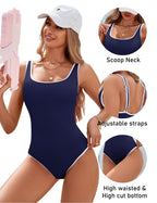 Emoswims - Women's One Piece Swimsuit Sports Adjustable Strap Bathing Suit Color Block Ribbed High Cut Swimsuits