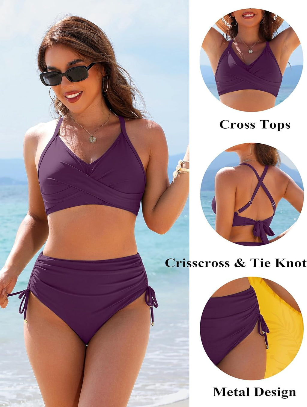 Emoswims - Womens High Waisted Bikini Sets Drawstring Tummy Control Swimsuits Crisscross Tie Back Bathing Suit