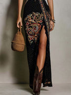 Gabriel Moreno - Vestido Estampado Estilo Bohemio con Escote en V Profundo y Raja Alta