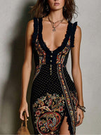 Gabriel Moreno - Vestido Estampado Estilo Bohemio con Escote en V Profundo y Raja Alta