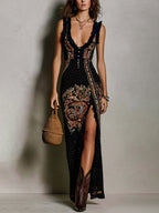 Gabriel Moreno - Vestido Estampado Estilo Bohemio con Escote en V Profundo y Raja Alta