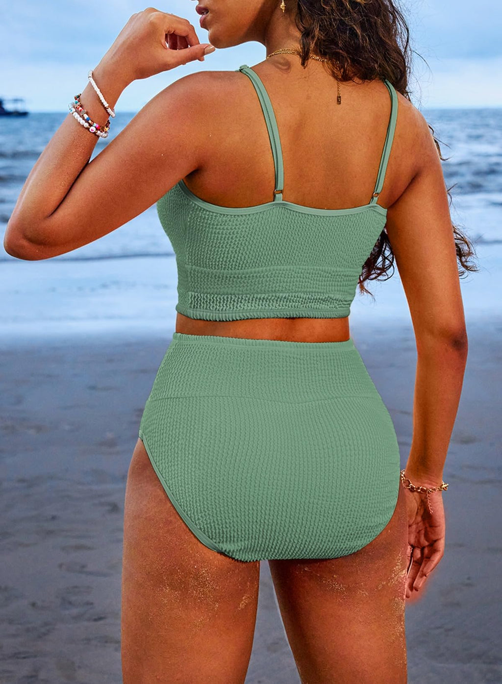 Emoswims - Women 2 Piece Bikini Set High Waisted Color Block Swimsuit Beach Scrunch Ribbed Bathing Suit