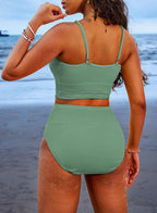 Emoswims - Women 2 Piece Bikini Set High Waisted Color Block Swimsuit Beach Scrunch Ribbed Bathing Suit