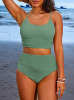 Emoswims - Women 2 Piece Bikini Set High Waisted Color Block Swimsuit Beach Scrunch Ribbed Bathing Suit