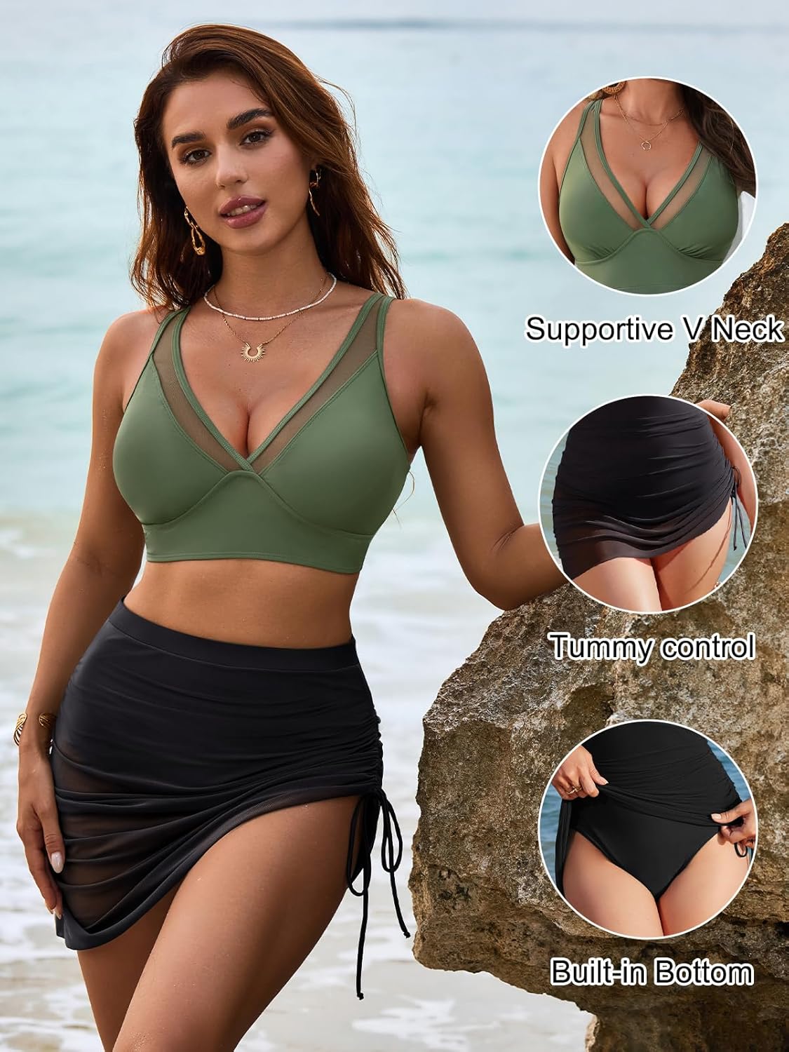 Emoswims - Womens Swim Skirt High Waisted Bikini Sets Tummy Control Swimsuits Mesh Sarong Wraps Bathing Suits