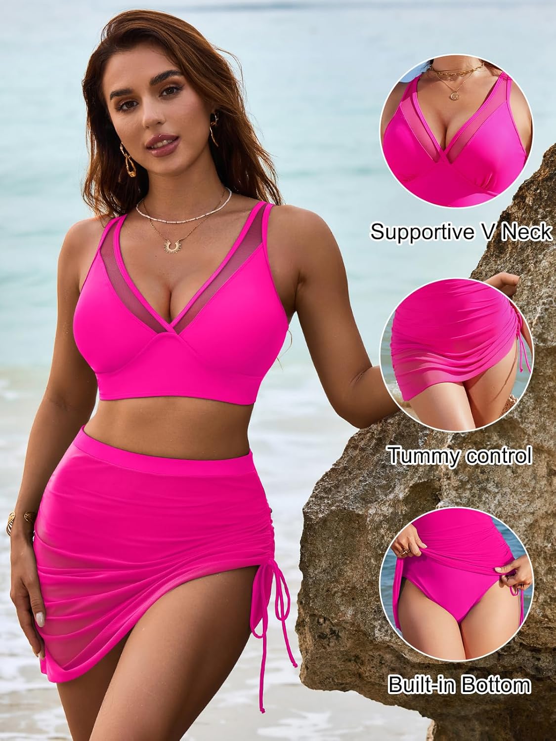 Emoswims - Womens Swim Skirt High Waisted Bikini Sets Tummy Control Swimsuits Mesh Sarong Wraps Bathing Suits