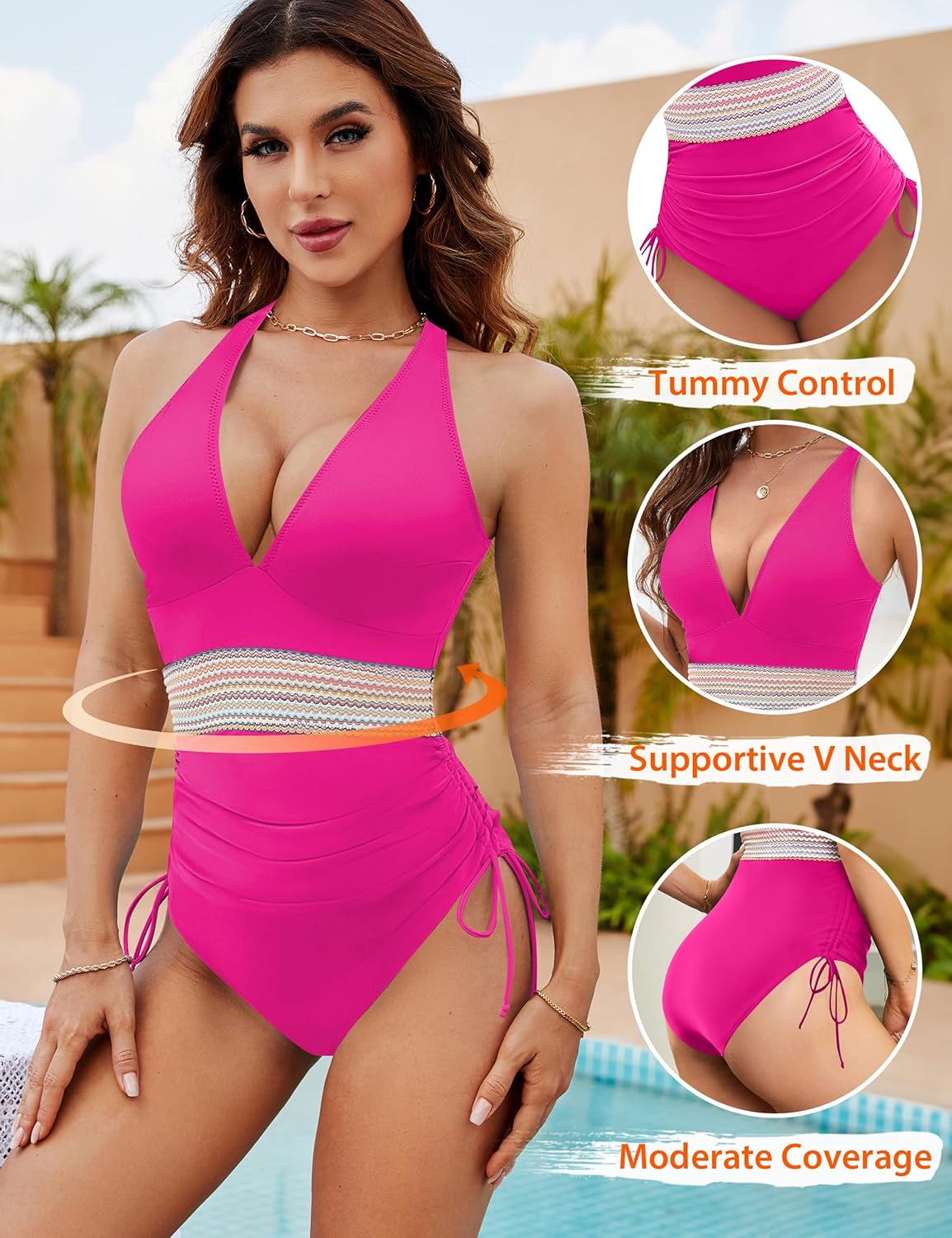 Emoswims - Women Tummy Control Swimsuits One Piece Slimming Modest Bathing Suit Color Block Drawstring Swim Suits
