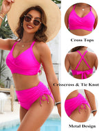 Emoswims - Womens High Waisted Bikini Sets Drawstring Tummy Control Swimsuits Crisscross Tie Back Bathing Suit