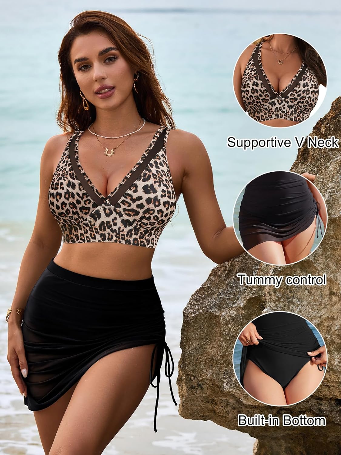Emoswims - Womens Swim Skirt High Waisted Bikini Sets Tummy Control Swimsuits Mesh Sarong Wraps Bathing Suits