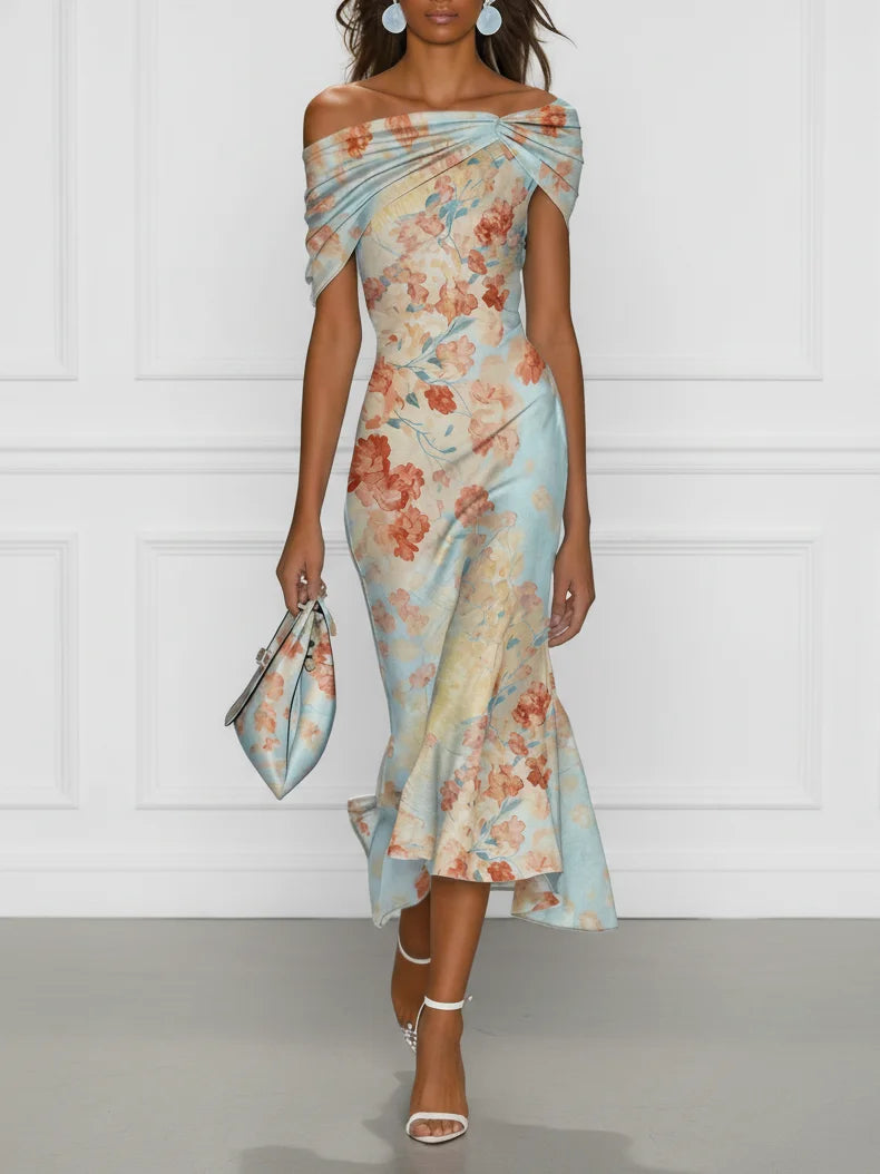 Gabriel Moreno - Vittoria - Vestido Midi Sirena sin Mangas con Hombros al Descubierto y Estampado Floral Azul