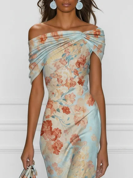 Gabriel Moreno - Vittoria - Vestido Midi Sirena sin Mangas con Hombros al Descubierto y Estampado Floral Azul
