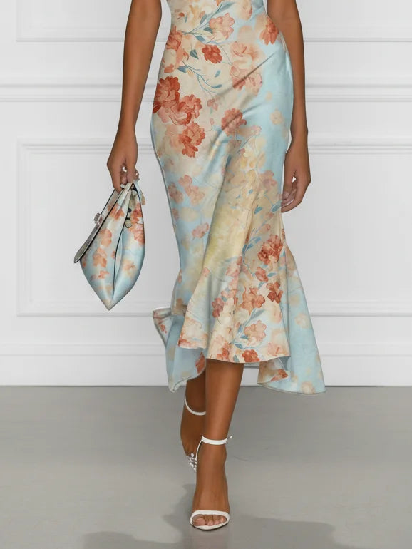 Gabriel Moreno - Vittoria - Vestido Midi Sirena sin Mangas con Hombros al Descubierto y Estampado Floral Azul