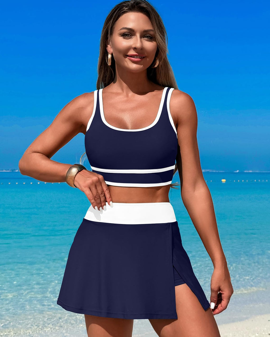 Emoswims - High Waisted Bikini Sets Tummy Control Swim Skirt Two Piece Swim Suit Tummy Control Color Block Bathing Suit