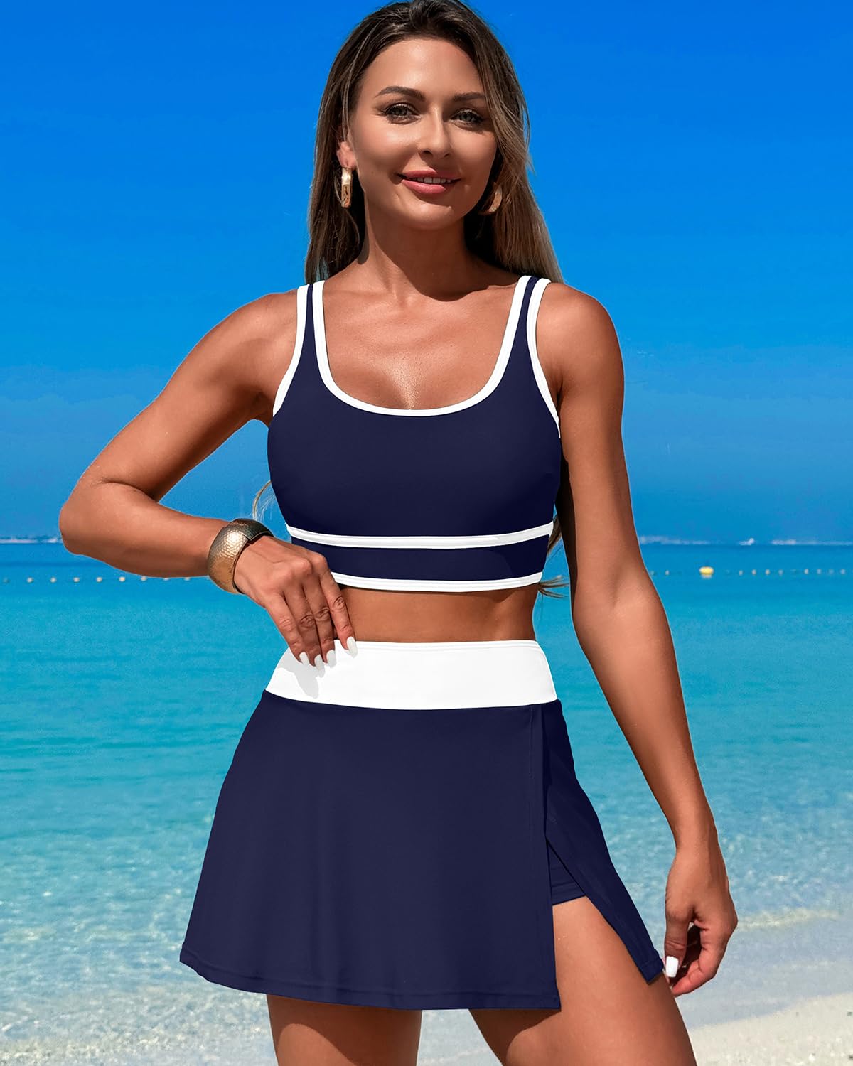 Emoswims - High Waisted Bikini Sets Tummy Control Swim Skirt Two Piece Swim Suit Tummy Control Color Block Bathing Suit