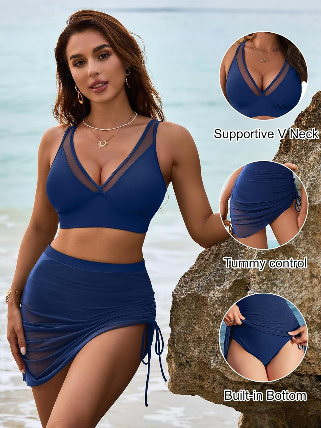 Emoswims - Womens Swim Skirt High Waisted Bikini Sets Tummy Control Swimsuits Mesh Sarong Wraps Bathing Suits