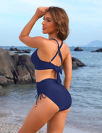 Emoswims - Womens High Waisted Bikini Sets Drawstring Tummy Control Swimsuits Crisscross Tie Back Bathing Suit
