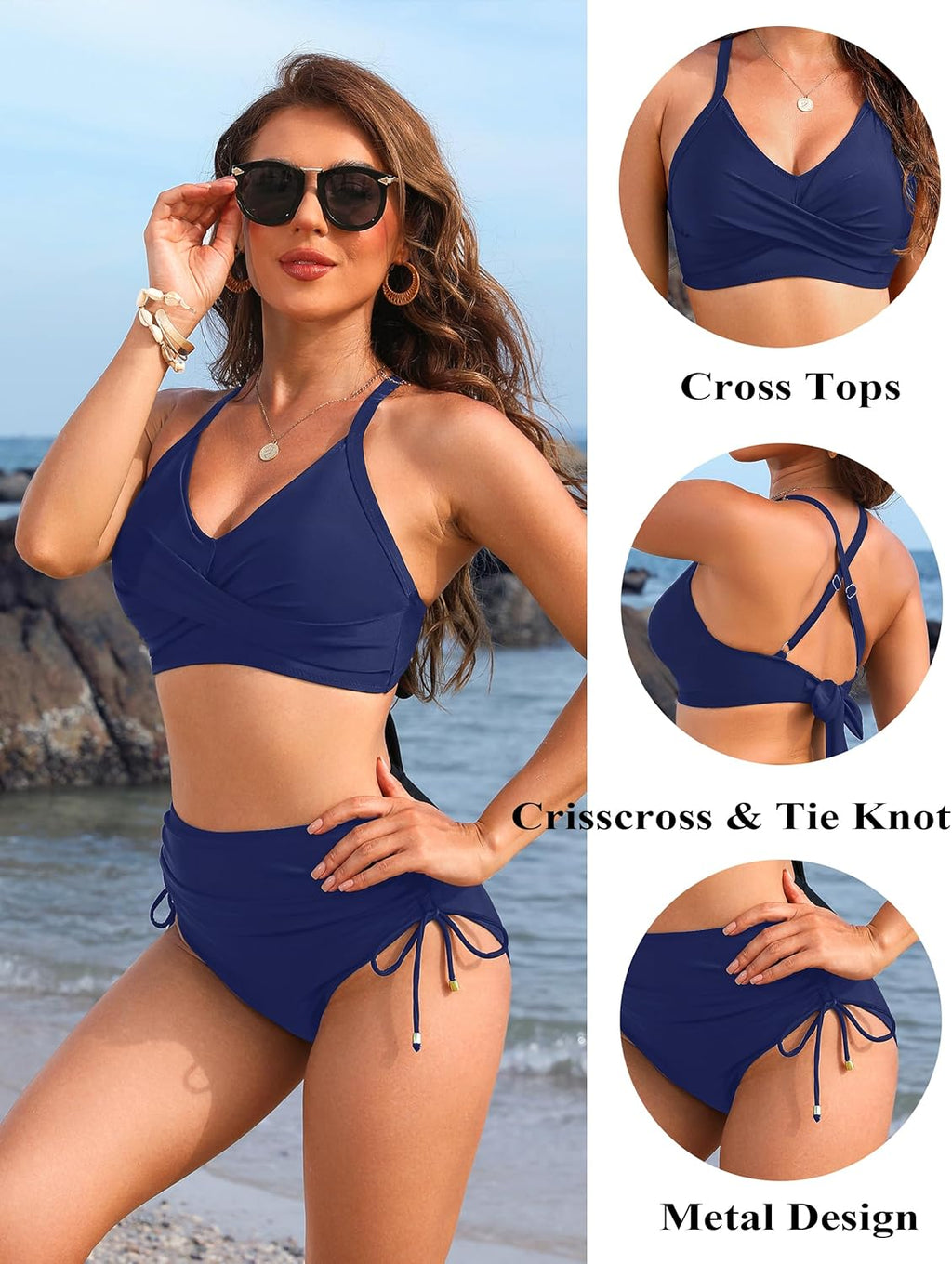 Emoswims - Womens High Waisted Bikini Sets Drawstring Tummy Control Swimsuits Crisscross Tie Back Bathing Suit