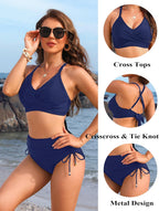 Emoswims - Womens High Waisted Bikini Sets Drawstring Tummy Control Swimsuits Crisscross Tie Back Bathing Suit