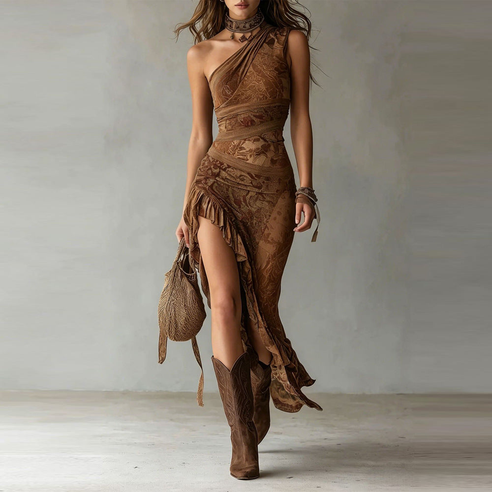 Elena | Vestido Maxi Estampado de Un Solo Hombro con Abertura y Volantes