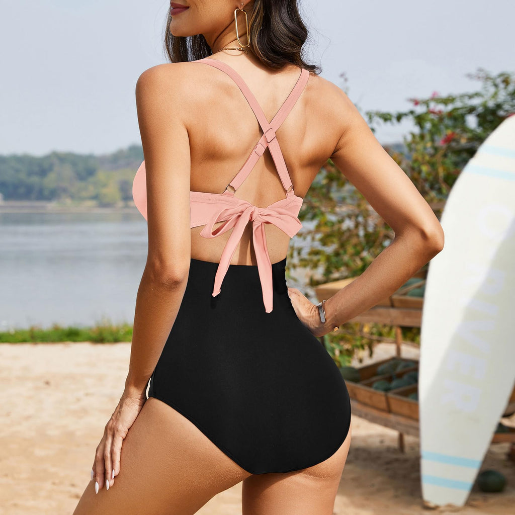 Emoswims - Women's One Piece Swimsuits Tummy Control Cutout High Waisted Bathing Suit Wrap Tie Back