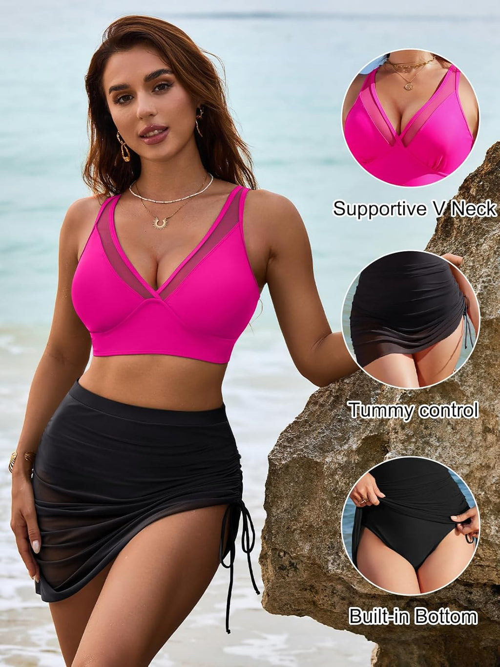Emoswims - Womens Swim Skirt High Waisted Bikini Sets Tummy Control Swimsuits Mesh Sarong Wraps Bathing Suits
