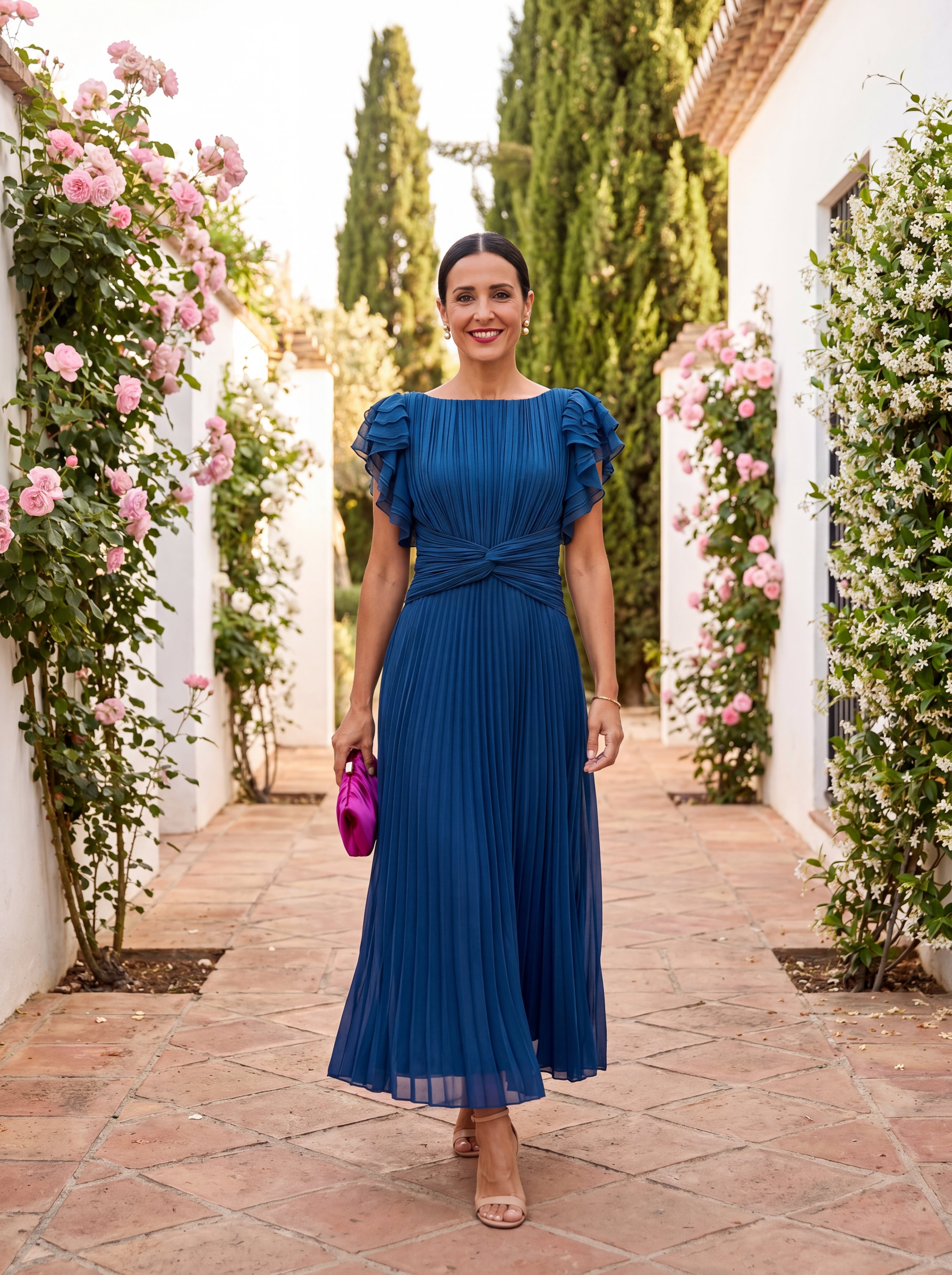 SERAPHINA | Vestido maxi plisado, elegante, con detalle de nudo en la cintura