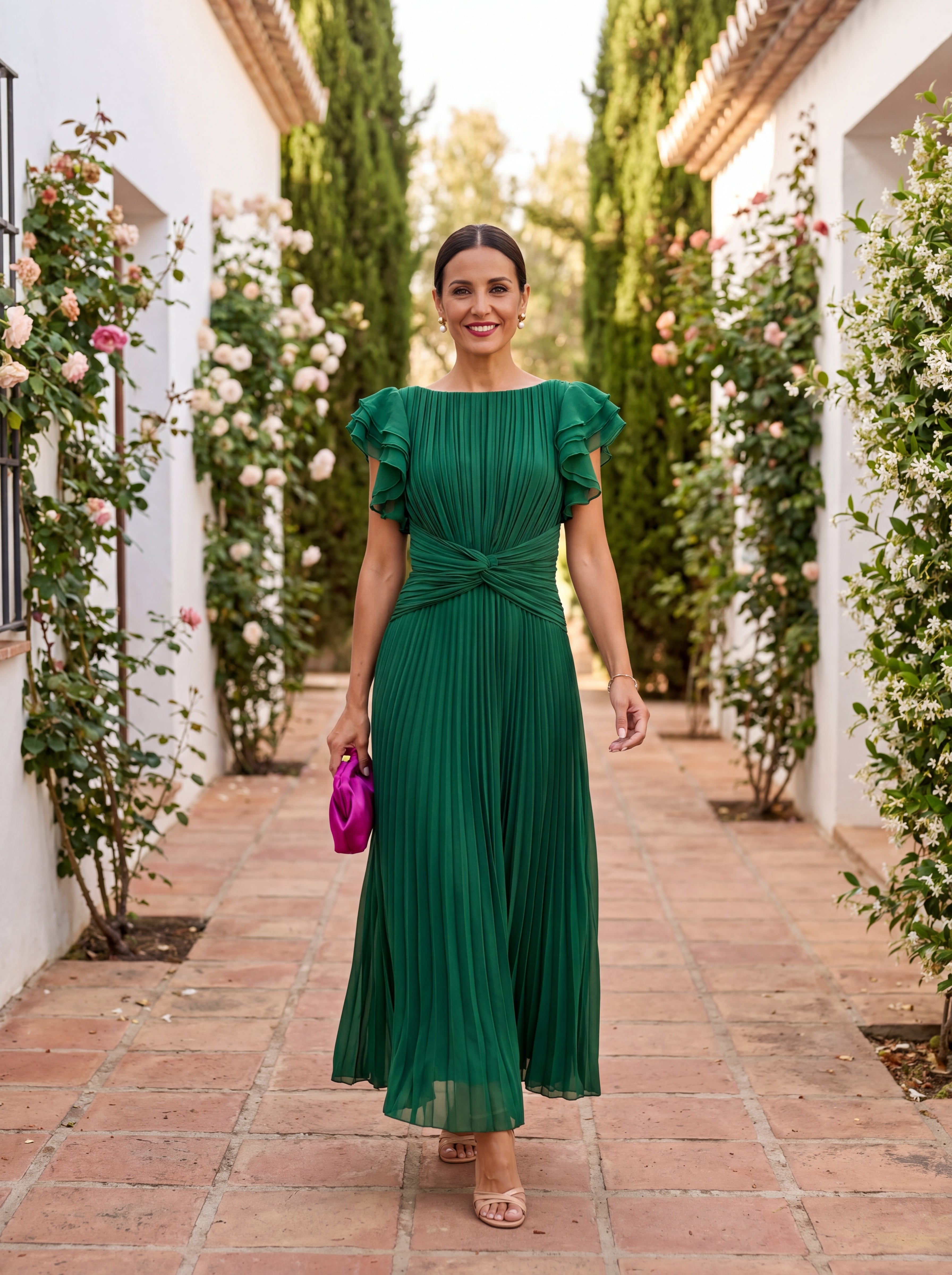 SERAPHINA | Vestido maxi plisado, elegante, con detalle de nudo en la cintura