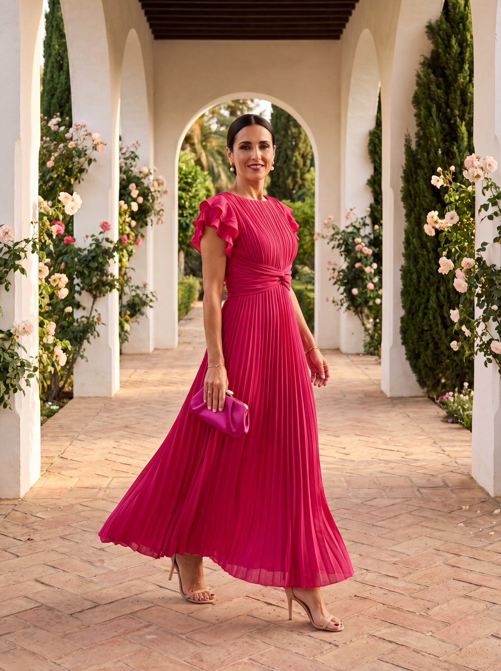 SERAPHINA | Vestido maxi plisado, elegante, con detalle de nudo en la cintura