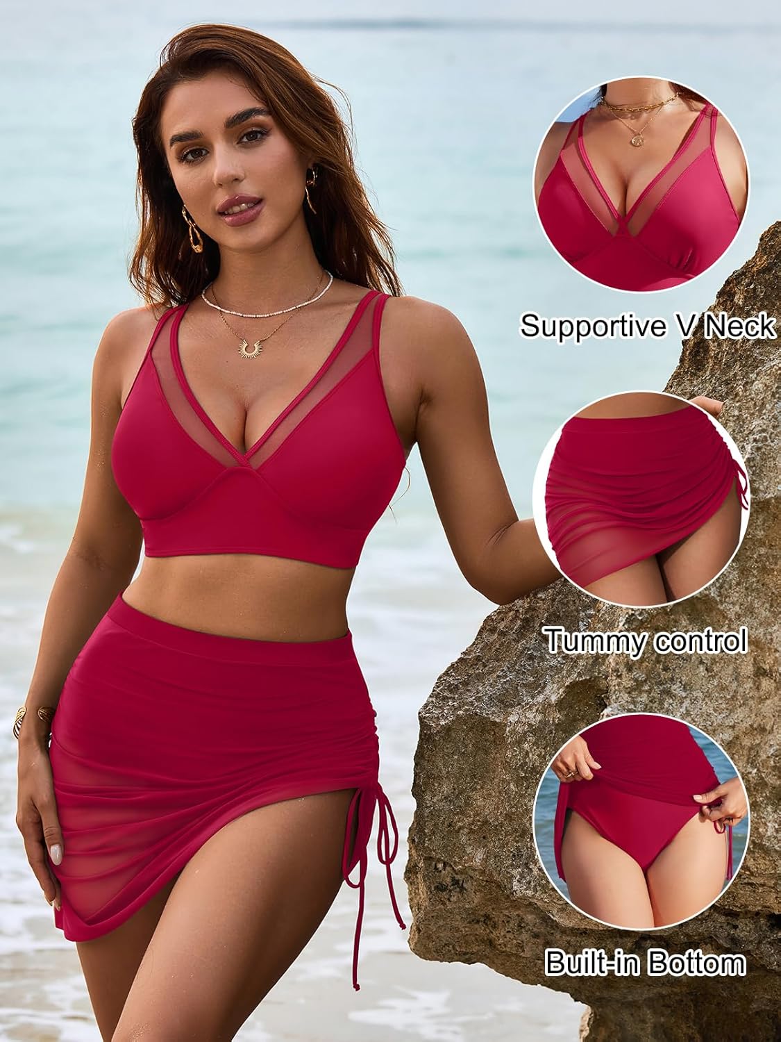 Emoswims - Womens Swim Skirt High Waisted Bikini Sets Tummy Control Swimsuits Mesh Sarong Wraps Bathing Suits