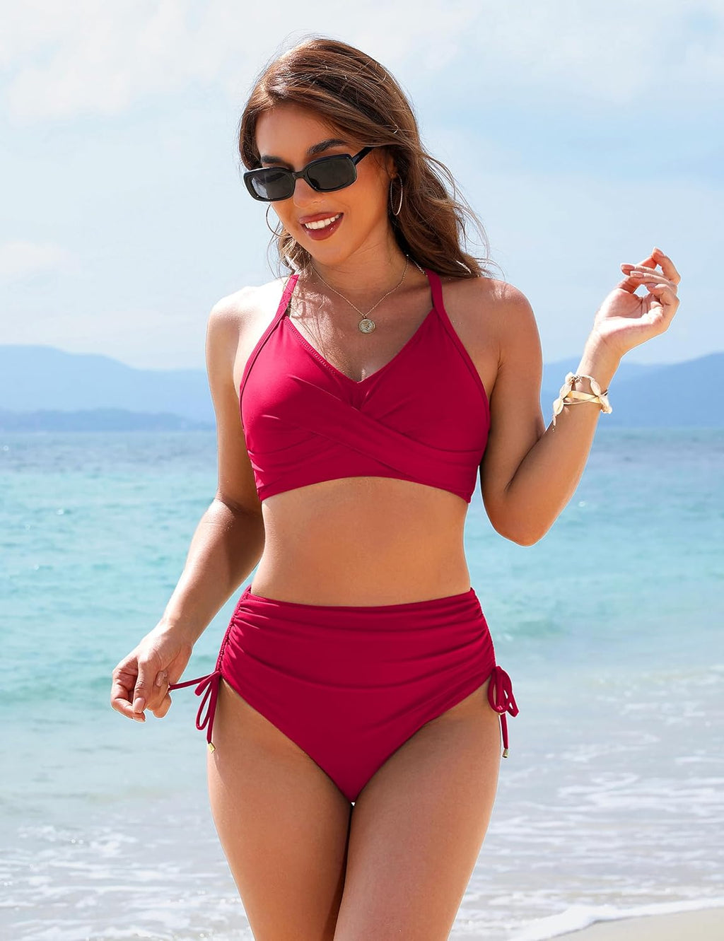 Emoswims - Womens High Waisted Bikini Sets Drawstring Tummy Control Swimsuits Crisscross Tie Back Bathing Suit