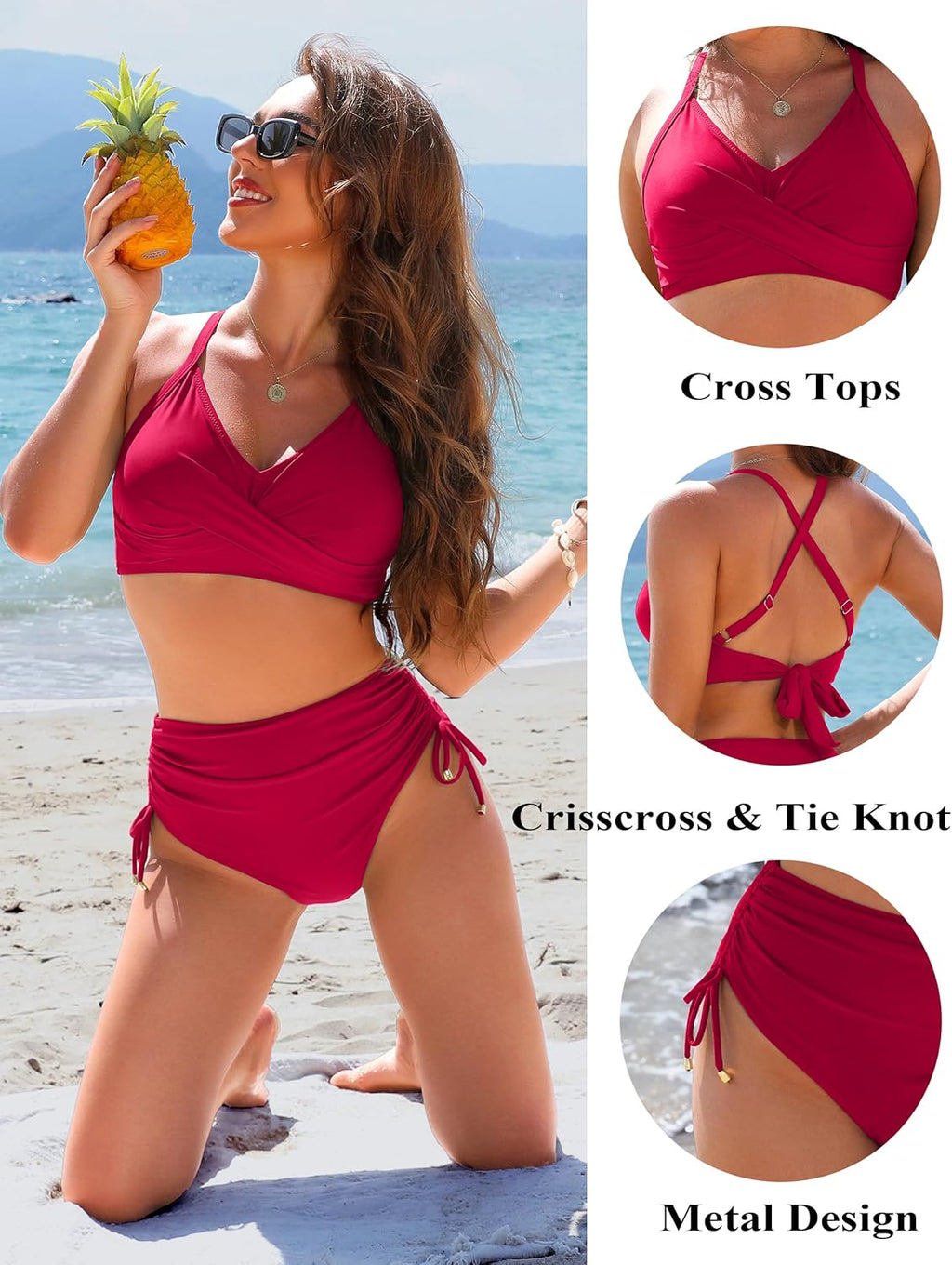 Emoswims - Womens High Waisted Bikini Sets Drawstring Tummy Control Swimsuits Crisscross Tie Back Bathing Suit
