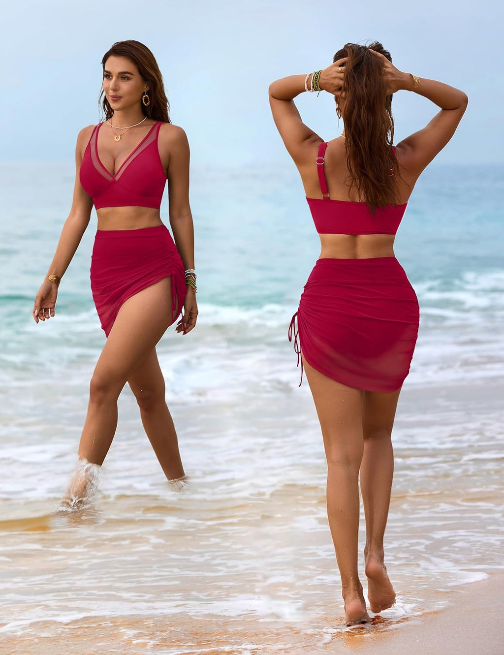 Emoswims - Womens Swim Skirt High Waisted Bikini Sets Tummy Control Swimsuits Mesh Sarong Wraps Bathing Suits