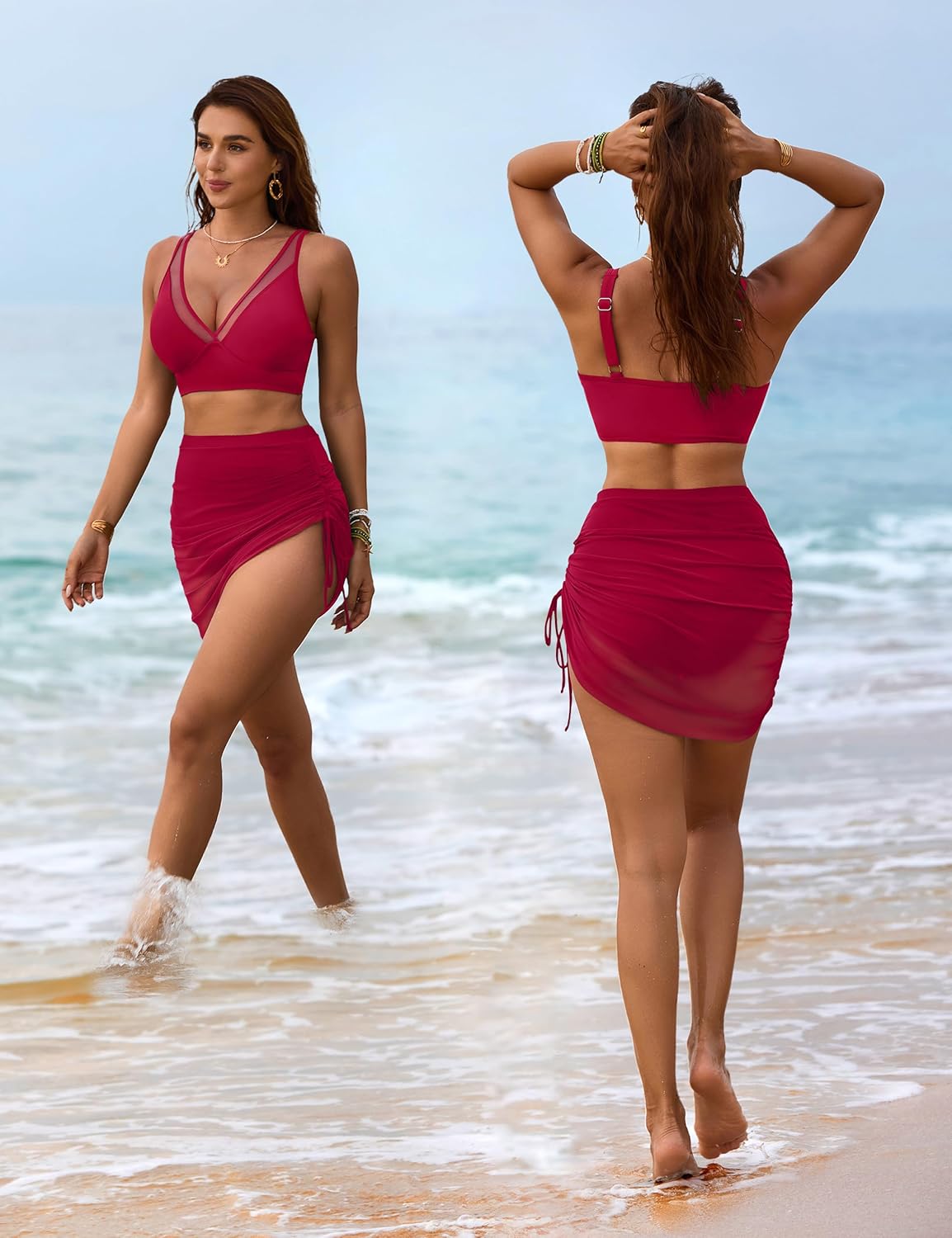 Emoswims - Womens Swim Skirt High Waisted Bikini Sets Tummy Control Swimsuits Mesh Sarong Wraps Bathing Suits
